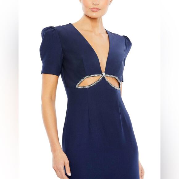 NWT Mac Duggal 2630 Plunge Neck Puff Sleeve Cut Out Gown Navy 4 - Picture 2 of 7